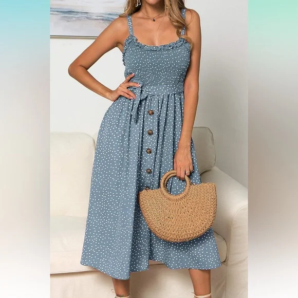 LOMON Boho Ruffle Sleeveless Adjustable Straps Swing Midi Sundress - Picture 5 of 12